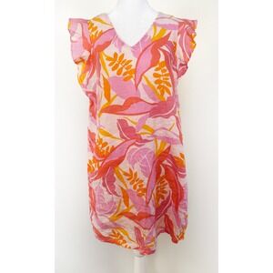 C&C California Women S Pink Orange Tropical Floral 100% Linen Flutter  Dress